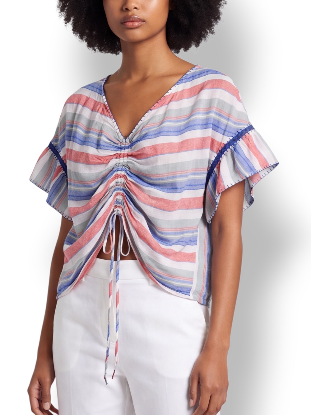 4/$20 For the Republic Striped Ruched Drawstring Flutter Sleeve Top Large